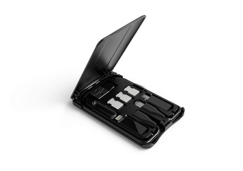 [Australia - AusPower] - Cable Card Box, Universal Charging Cable Adapters,Compact USB-C/USB-A/Micro-USB/Lightning Port,Compact with iPhone and Samsung Devices,Portable Phone Stand,SIM Tools and Nano Card Storage Slot 