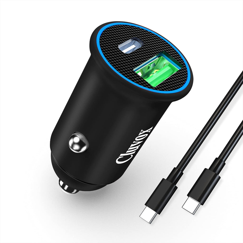 [Australia - AusPower] - Cluvox USB C Fast Car Charger, 25W PD&QC 3.0 Dual Port Compatible for Samsung Galaxy S22 5G/S21/S20/Plus/Ultra, Note 20/Ultra/Note 10/Plus, Mini All Metal Flush Fit Car Adapter with 3.3ft Type C Cord Black 