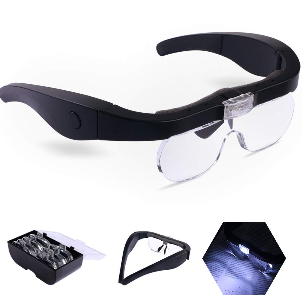 [Australia - AusPower] - Head Magnifier Glasses with 2 LED Lights USB Charging Magnifying Eyeglasses for Reading Jewelry Craft Watch Repair Hobby, Detachable Lenses 1.5X, 2.5X, 3.5X,5X Black 