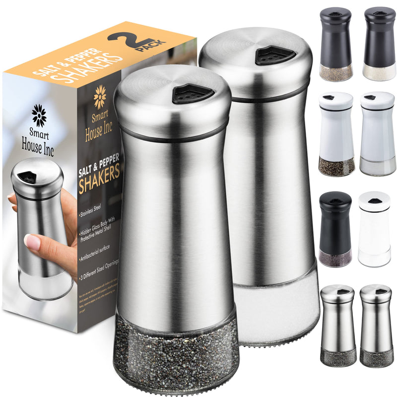 [Australia - AusPower] - Salt and Pepper Shakers set - Spice Dispenser with Adjustable Pour Holes - Stainless Steel & Glass - Set of 2 Bottles By Smart House Inc Silver 