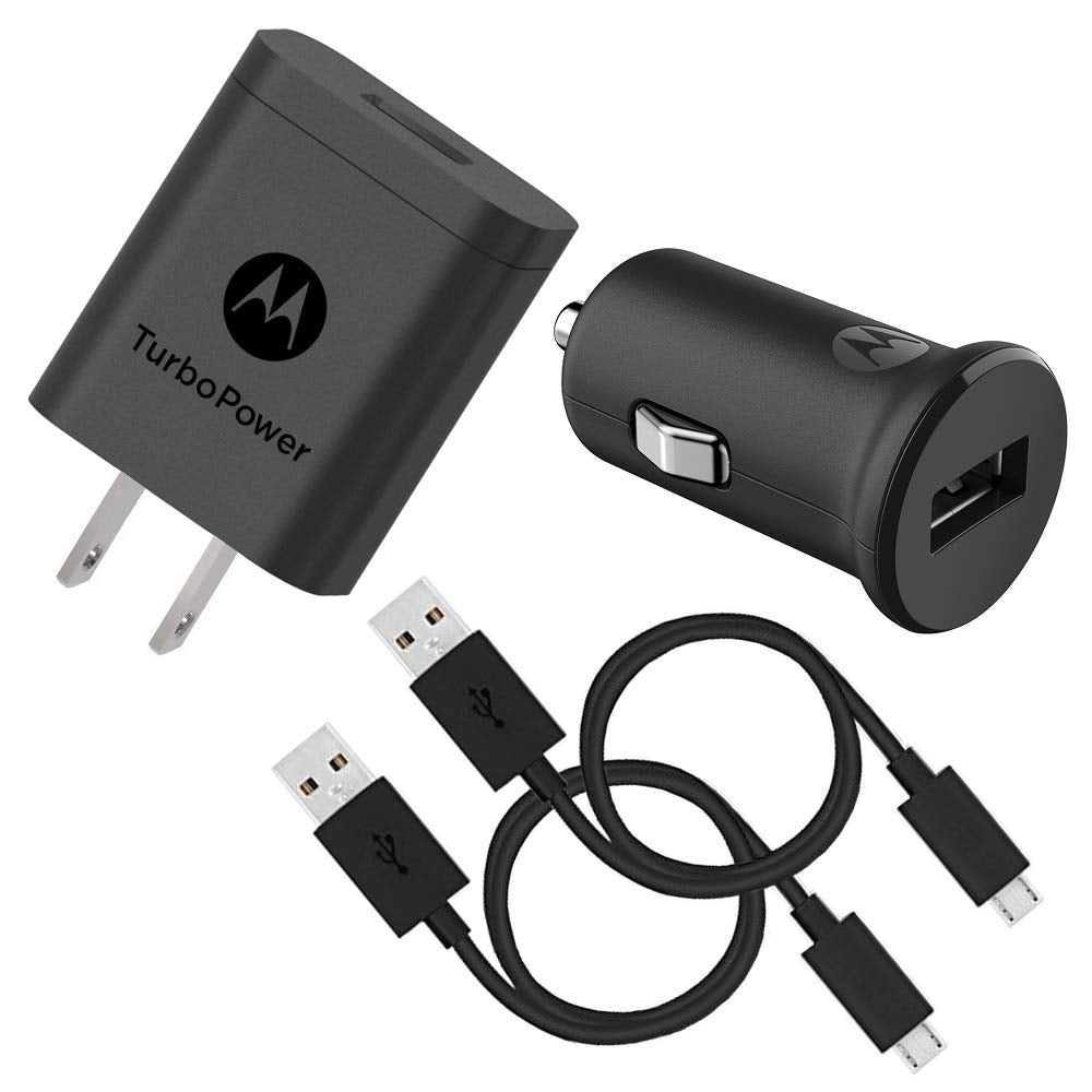 [Australia - AusPower] - Motorola TurboPower 18 QC3.0 Micro-USB Bundle: TurboPower 18 Car + Wall Chargers with 2 SKN6461A Micro USB Data Cables for Moto E5 Plus/Supra G5 Plus, G5S, G6 Play/Forge [Not for G6, G6 Plus] 