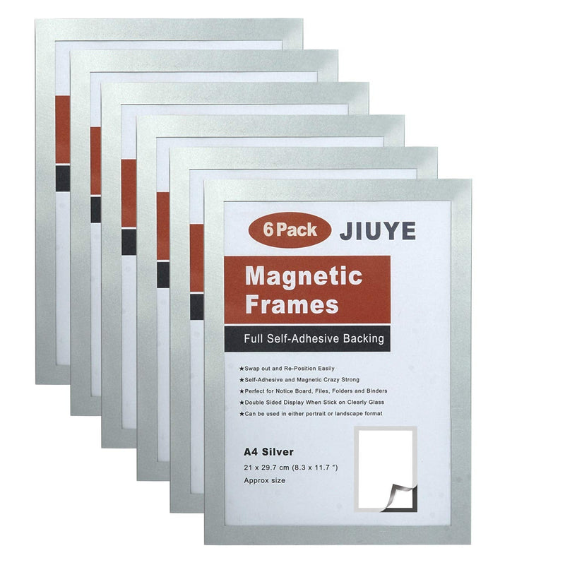 [Australia - AusPower] - JIUYE A4 Self Adhesive Magnetic Display Frame,Dual Side Transparent Magnetic Window Sign Holder for Office/Store/School as Shop Window Notice/Schedule (A4 6Pcs, Silver) A4 6Pcs 