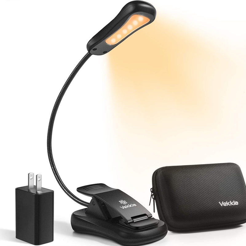 [Australia - AusPower] - Vekkia Book Light Set with Charger, Clip on Reading Light in Bed with 3 Brightness, Up to 60 Hrs, Rechargeable, Eye-Care Warm LED for Read Before Bed.（Incl Travel Case, Cable) Black 