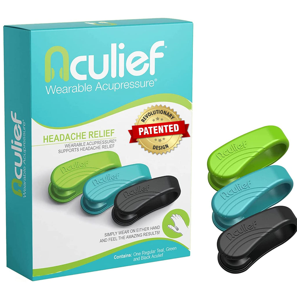 [Australia - AusPower] - Aculief - Award Winning Natural Headache, Migraine, Tension Relief Wearable – Supporting Acupressure Relaxation, Stress Alleviation, Tension Relief and Headache Relief - 3 Pack (Multicolor) Green Teal Black Regular (Pack of 3) 