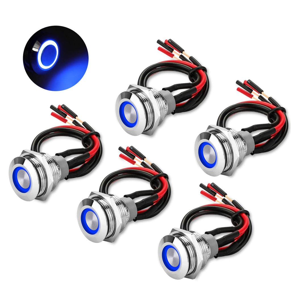 [Australia - AusPower] - 5Pcs 19mm 12V Waterproof ON Off Latching Push Button Switch with Wiring Harness and Led Indicator Light, 24V Pre-Wired SPDT Self-Locking 4 Pin Marine Metal Switch for Boats Cars Truck (Blue) 19mm Wire Blue 