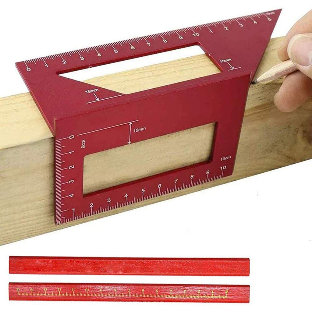 [Australia - AusPower] - Aluminum Alloy Saddle Layout Square Gauge with 2 Pencils,Multifunctional 45/90 Degree Angle T Ruler 3D Mitre Angle Woodworking Measuring Tools 