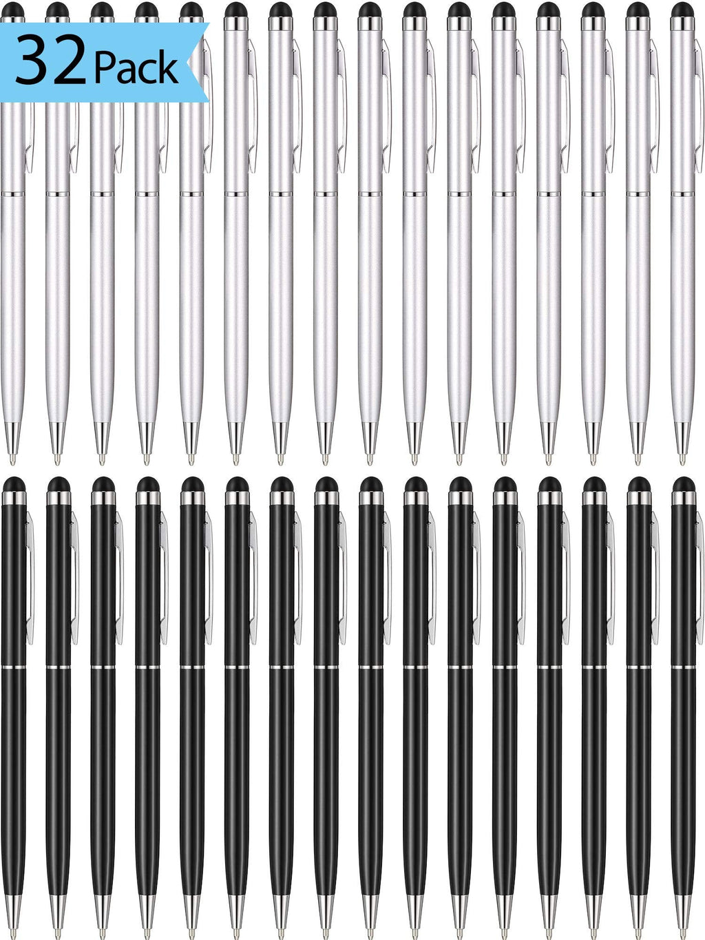 [Australia - AusPower] - Outus 32 Pieces Stylus Pen for Touch Screens, 2 in 1 Universal Ballpoint Fine Tip Stylus Metal Pens, Black Ink, for Most Capacitive Touch-Screen Phone Tablet (Black, Sliver) 