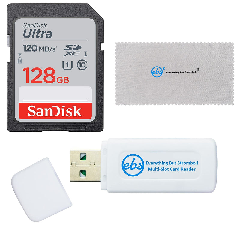 [Australia - AusPower] - SanDisk 128GB SD Ultra Memory Card Works with Panasonic Lumix Digital Cameras (SDSDUN4-128G-GN6IN) Bundle with (1) Everything But Stromboli Card Reader & Micro Fiber Cloth 
