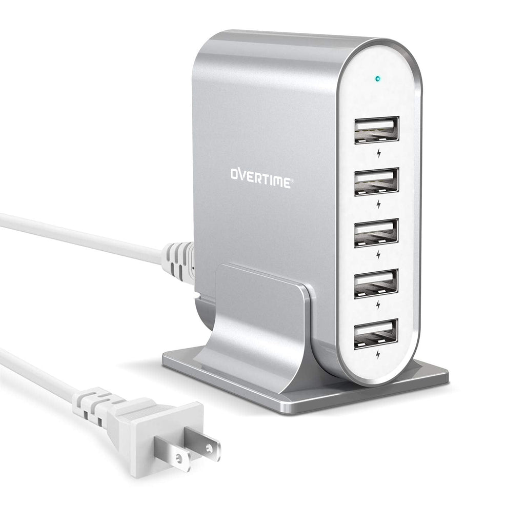[Australia - AusPower] - Multiple USB Charger, Overtime 35.5W/7.1A 5-Port Desktop Charger Charging Station Multi Port Fast Wall Charger Hub Compatible with iPhone, iPad, Samsung, LG, Nexus, HTC and More - Silver 