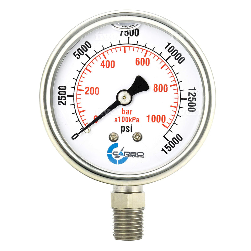 [Australia - AusPower] - CARBO Instruments Stainless Steel Pressure Gauge Dual Display (15000 psi /kPa) - 2 1-2" Glycerine Liquid Filled Water Air Oil Gas Gauge with Polycarbonate Lens & Brass Connection -1/4" NPT Lower Mount 0-15000psi 