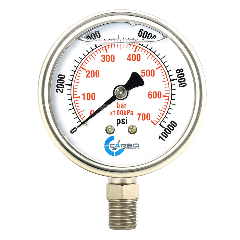 [Australia - AusPower] - CARBO Instruments Stainless Steel Pressure Gauge Dual Display (10000 psi/kPa) - 2 1-2" Glycerine Liquid Filled Water Air Oil Gas Gauge with Polycarbonate Lens & Brass Connection - 1/4" NPT Lower Mount 0-10000psi 