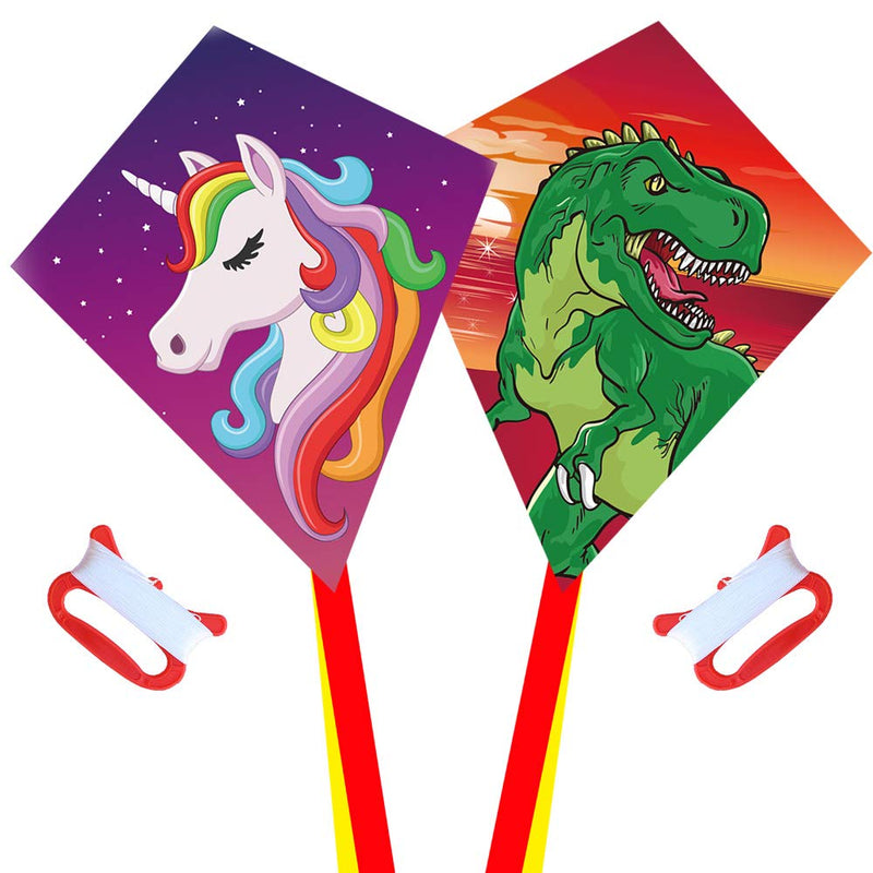 [Australia - AusPower] - Diamond Kite [2 Pack]Dinasour+Unicorn Eddy Kite, beginners Kite for Children, Wonderful Beginner Kite for 3 years up, 60x70cm with 2x300cm long tails, Kite handle, 60m String and swivel incloud 