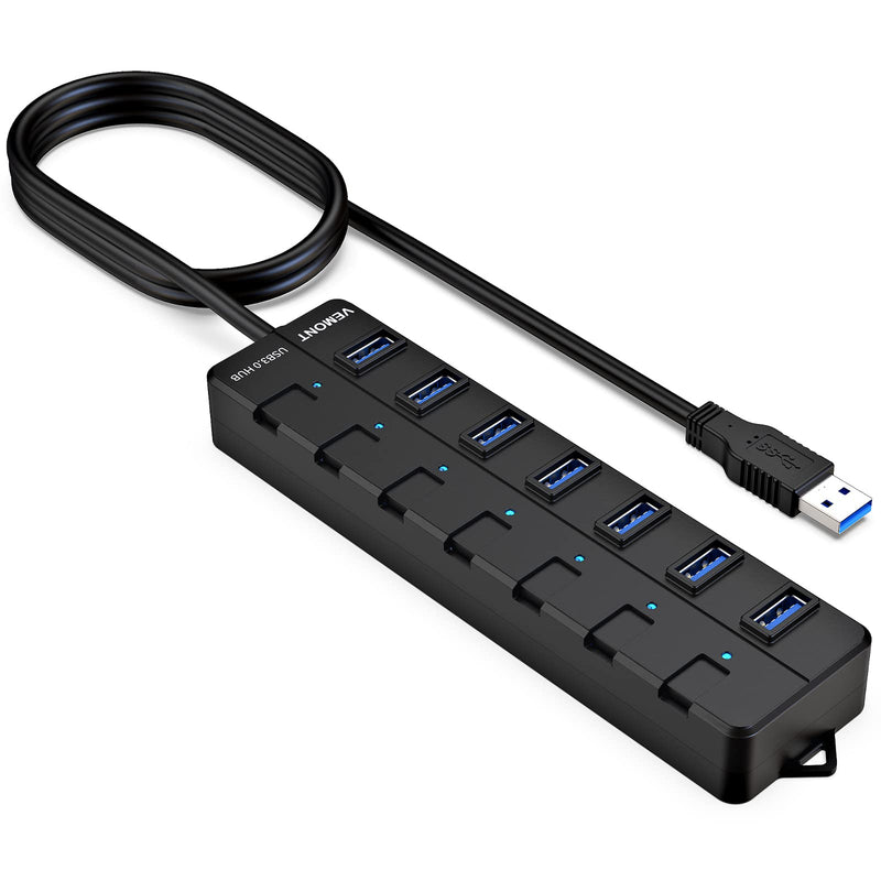 [Australia - AusPower] - USB hub 3.0,7-Port USB Hub,VEMONT 3.0 USB Splitter with Individual On/Off Switches and Lights, 4ft/1.2m Long Cable USB Extension for Laptop and PC Computer 4ft Black 