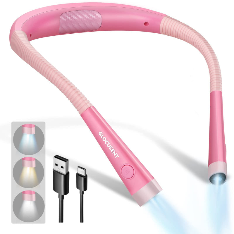 [Australia - AusPower] - Glocusent LED Neck Reading Light, Book Light for Reading in Bed, 3 Colors, 6 Brightness Levels, Bendable Arms, Rechargeable, Long Lasting, Pink, Perfect for Reading, Knitting, Camping, Repairing 