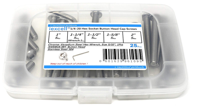 [Australia - AusPower] - iexcell 25 Pcs SAE 1/4-20 x 1, 1-1/4, 1-1/2, 1-5/8, 2 UNC Threads Stainless Steel 304 Hex Socket Button Head Cap Screws Bolts Assortment Kit 