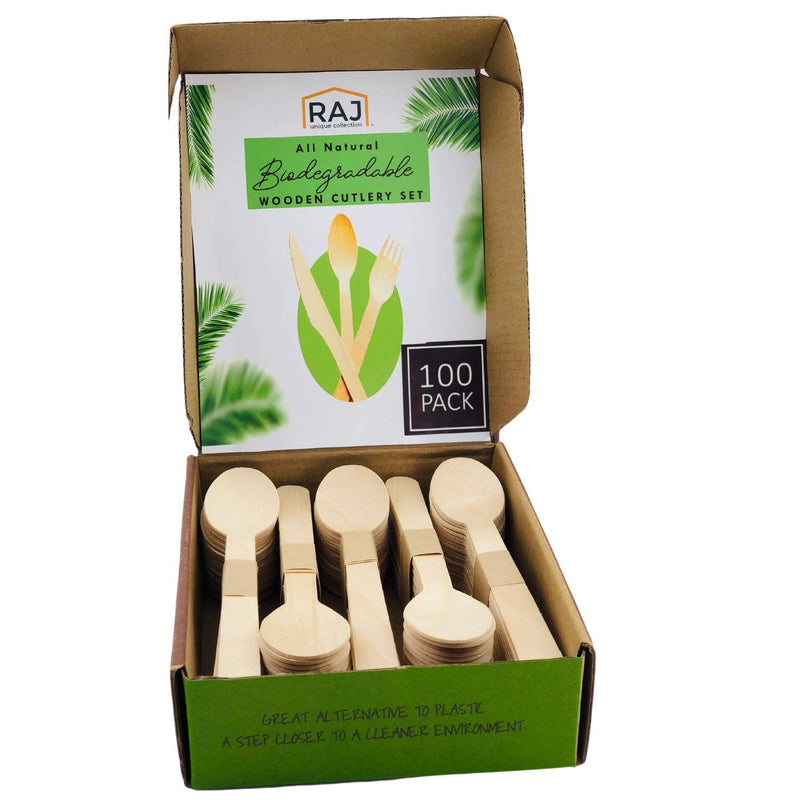 [Australia - AusPower] - Raj Disposable Wooden Cutlery - Strong Party Cutlery like Bamboo - Decorative Compostable Tableware for Lunch, Dinner, Birthday, Camping, Outdoor BBQ, Picnic Parties(100 Count, Spoons) 100 Count 
