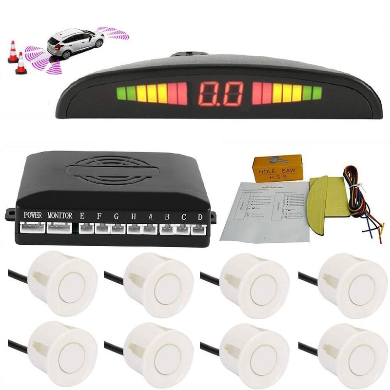 [Australia - AusPower] - Car Parking Sensor - Bessie Sparks Car Reverse Parking Radar System 8 Reversing Sensors Kit with Front and Rear Alarm Buzzer Reminder LED Display Safe Driving (White) White 