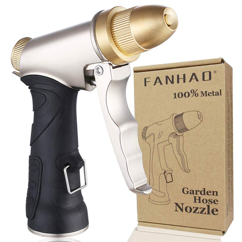 [Australia - AusPower] - FANHAO Garden Hose Nozzle, 100% Heavy Duty Metal Spray Nozzle High Pressure Water Nozzle with 4 Patterns for Watering Garden, Washing Cars and Showering Pets - Full Brass Nozzle + ABS Non-Slip Grip 3/4”Garden Hose Thread (GHT) 