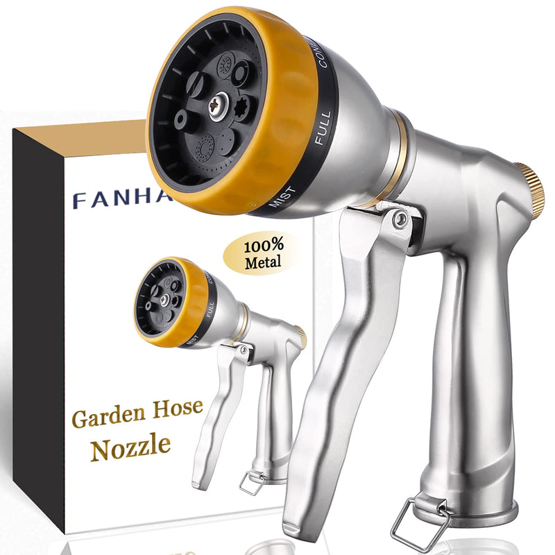 [Australia - AusPower] - FANHAO Garden Hose Nozzle Heavy Duty, 100% Metal Spray Nozzle High Pressure Water Hose Nozzle with 7 Patterns for Watering Garden, Washing Cars and Showering Pets Silver 