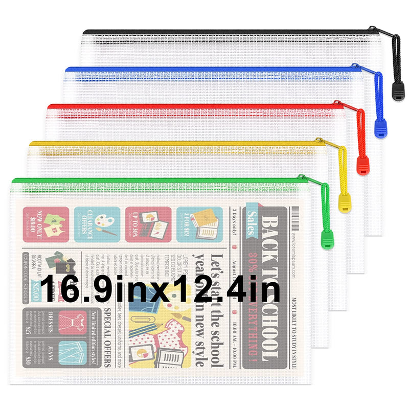 [Australia - AusPower] - Umriox 5PCS Large Mesh Zipper Pouch, Extra Thick, 16.9" x 12.4", Mesh Zipper Bags, Plastic Waterproof Document Pouch for School Office Supplies and Cosmetics Travel Accessories 5 Colors 