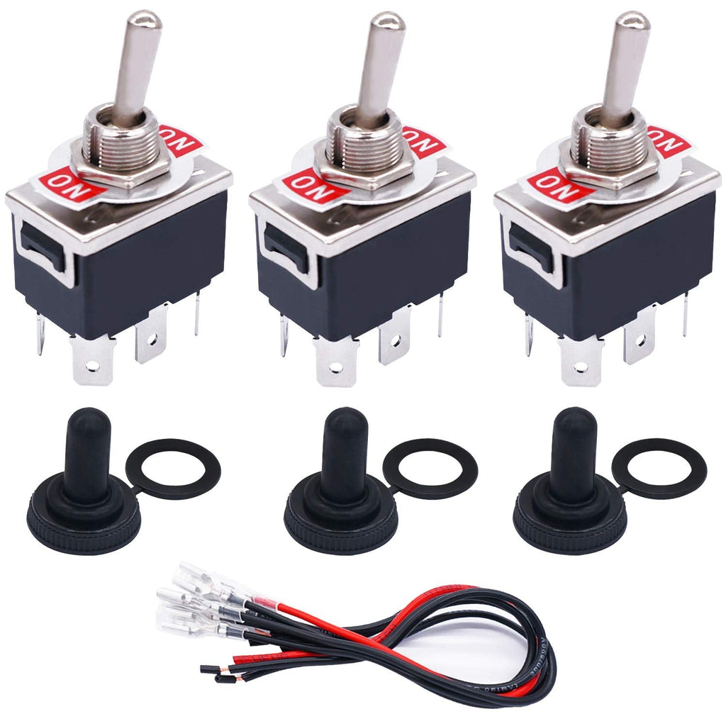 [Australia - AusPower] - TWTADE 3 Pcs Toggle Rocker Switches ON/ON 6 Pin 2 Position Latching DPDT Heavy Duty 16A 250VAC Spade Terminal Metal Bat Switch with Waterproof Boat Cap and 6.3mm Terminal Wires TEN-1321MZX-B202 