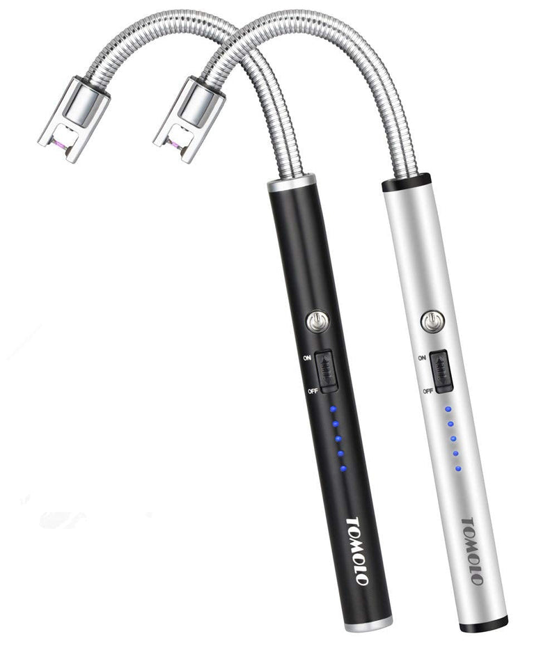 [Australia - AusPower] - TOMOLO Lighter, Rechargeable Candle Lighter Grill Lighter Electric Arc Lighter with Flexible Neck, LED Battery Display Safety Switch for Candle Camping Cooking BBQs Fireworks (Black&Silver, Pack of 2) 