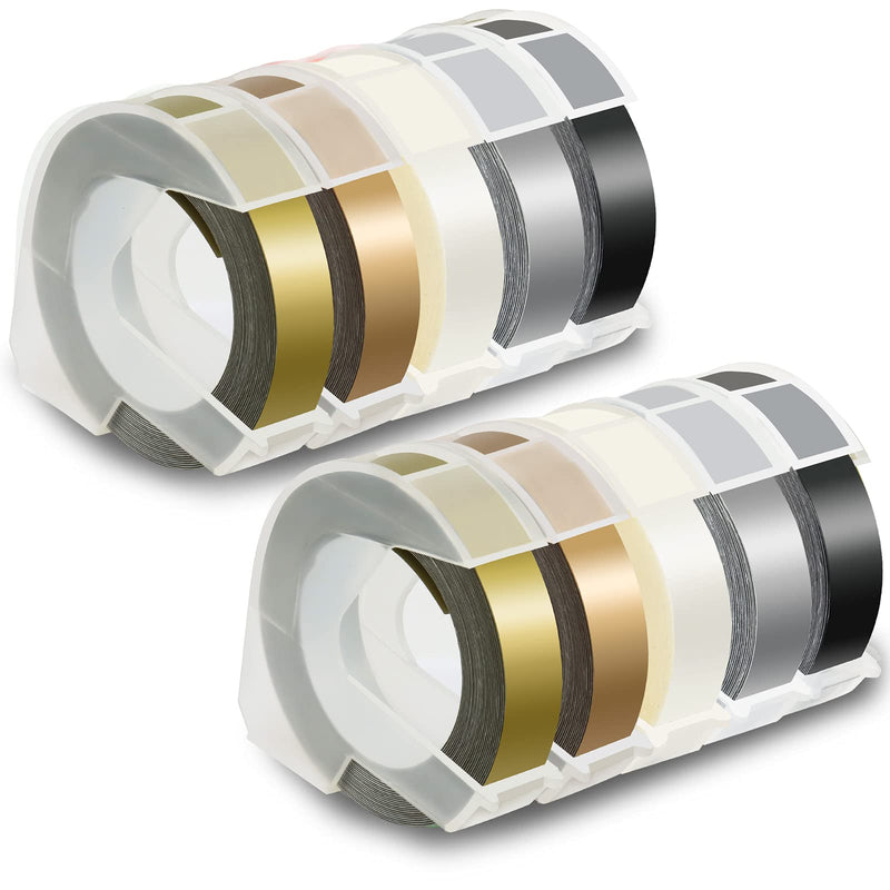 [Australia - AusPower] - Pristar Durable Plastic 3D Embossing Tape Self-Adhesive Compatible for Dymo Label Makers Organizer Xpress Pro, 3/8 Inch X 9.8 Feet, White on Black/Silver/Clear/Gold/Champagne Gold, 10-Pack 