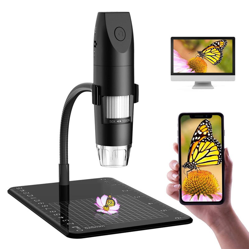 [Australia - AusPower] - Wireless Digital Microscope, Skybasic Mini Pocket Handheld WiFi USB 50x to 1000x Magnification Microscope Camera 8 LED HD Compatible with Android Smartphone, iPhone, Tablet, Windows Mac-Black Black 