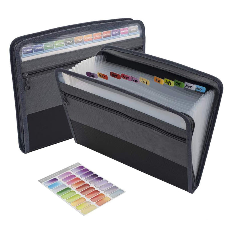 [Australia - AusPower] - Sooez 13 Pocket Expanding File Folder with Sticky Labels, Accordion File Folder Document Organizer Expanding Zip File Folder with Zipper Closure，Letter A4 Paper Document Accordion Folder, Black 