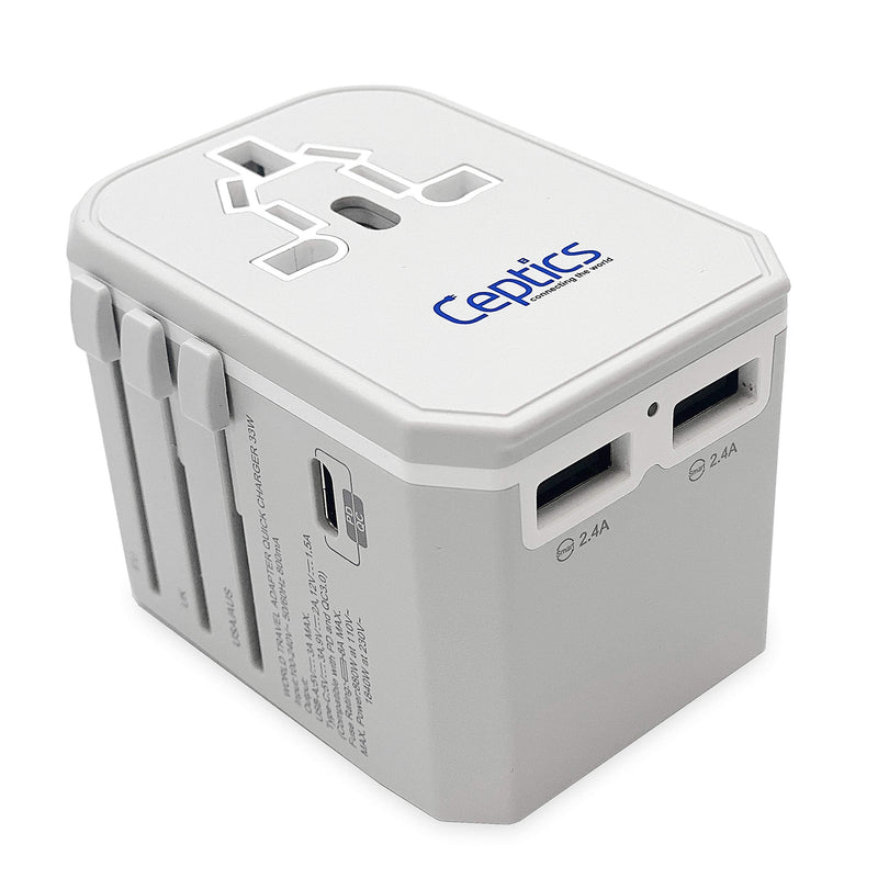 [Australia - AusPower] - Universal Travel Plug Adapter by Ceptics - Powerful 33W with PD & QC 3.0 USB-C Fast Charging - 2 USB Ports Wall Charger Type I C G A Outlets 110V 220V A/C - EU Euro US UK, Model: UP-10KU-W World Adapter W/ USB 