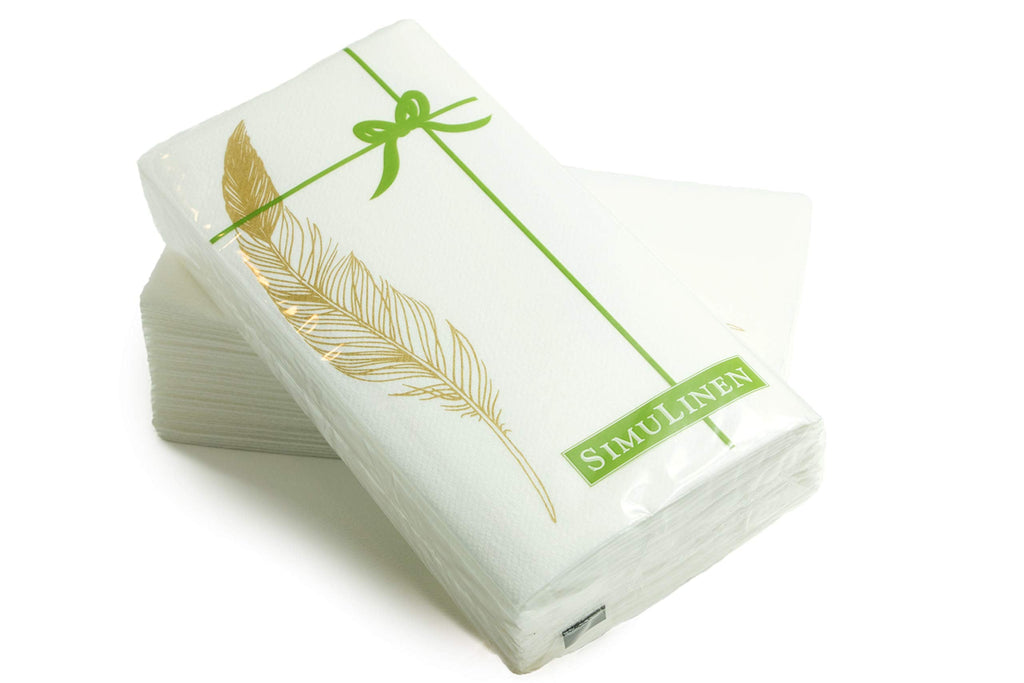 [Australia - AusPower] - SimuLinen Disposable Guest Bathroom Hand Towels – Gold Feather Design - Linen-Feel Disposable Paper Towels, Cloth-Like Texture Single-Use - Perfect Size: 12x17” Unfolded & 8.5x4” Folded - Pack of 25 