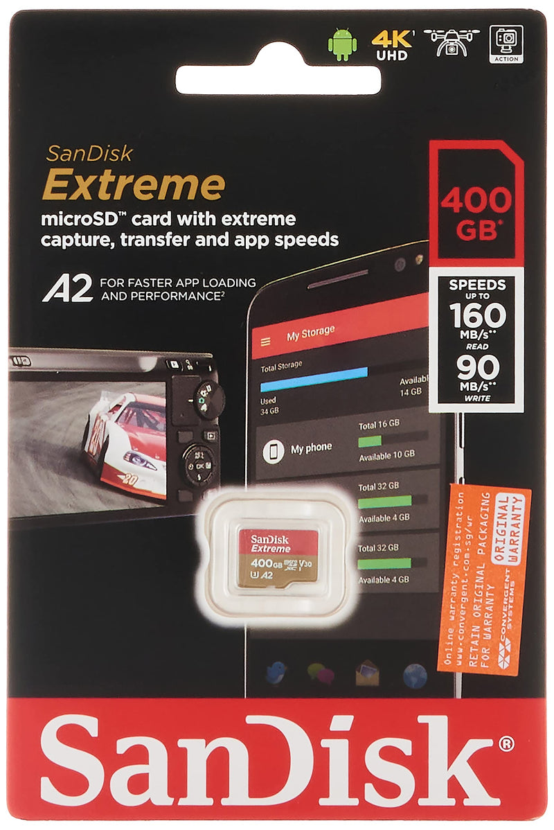[Australia - AusPower] - SanDisk 400GB Extreme MicroSDXC UHS-I Memory Card - C10, U3, V30, 4K, A2, Micro SD - SDSQXA1-400G-GN6MN 