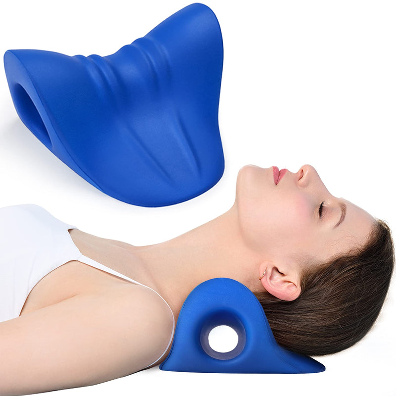 [Australia - AusPower] - Neck and Shoulder Relaxer, Cervical Traction Device for TMJ Pain Relief and Cervical Spine Alignment, Chiropractic Pillow Neck Stretcher O-shape Navy Blue 8.6 X 8.3 X 5 Inch 