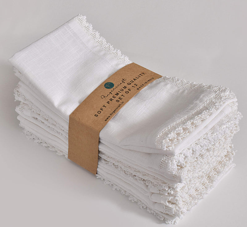 [Australia - AusPower] - FINGERCRAFT Oversized Dinner Cloth Napkins White in 100% Texture Slub Cotton Fabric 12 Pack 20X20 Inch White Premium Quality, Mitered Corners for Every Day Use Napkins are Pre Shrunk and White lace 