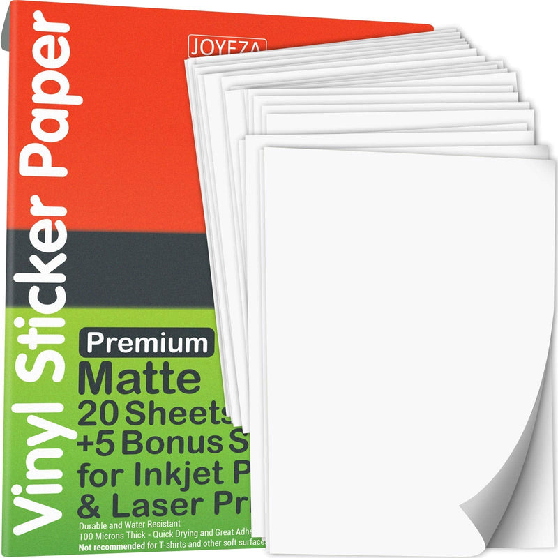 [Australia - AusPower] - JOYEZA Premium Printable Vinyl Sticker Paper for Inkjet Printer - 25 Sheets Matte White Waterproof, Dries Quickly Vivid Colors, Holds Ink well- Tear Resistant - Inkjet & Laser Printer 