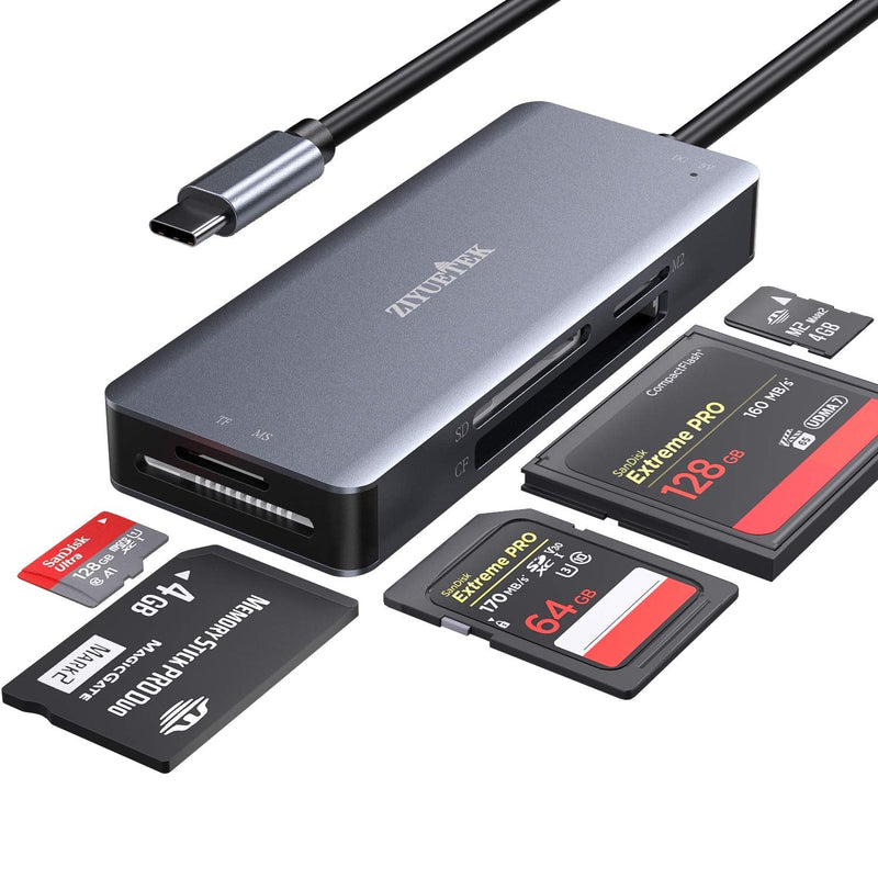 [Australia - AusPower] - ZIYUETEK USB C CF Card Reader,5- in-1 Aluminum Thunderbolt 3 Memory Card Reader for CF, SD/SDHC,TF/Micro SD/MS/M2,CompactFlash Card - Grey TYPE-C 