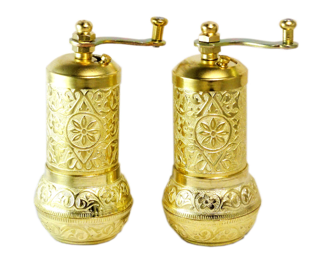 [Australia - AusPower] - Cape Moda Turkish Brass and Steel Mini Refillable Pepper & Other Spice Grinder Two Pack, Hand Mill with Manual Handle Crank (2 Pack of 4.2 inch) 
