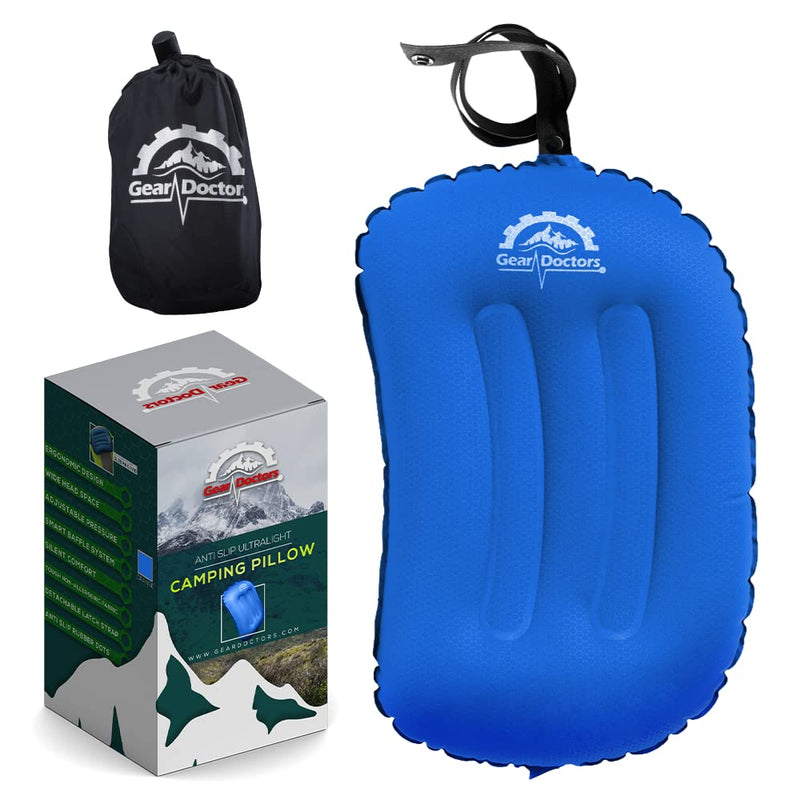 [Australia - AusPower] - Gear Doctors Anti-Slip Ultralight Inflatable Camping Pillow -Ergonomic Design for Maximum Neck and Back Support - Compact and Comfortable Perfect for Camping Hiking (Blue Camping Pillow) Blue Camping Pillow 