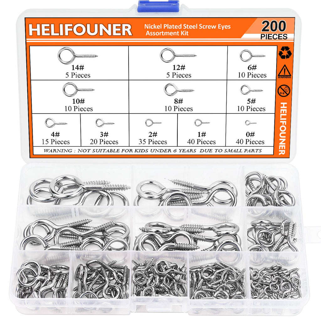 [Australia - AusPower] - HELIFOUNER 200 Pieces 11 Sizes Nickel Plated Steel Screw Eyes Assortment Kit 