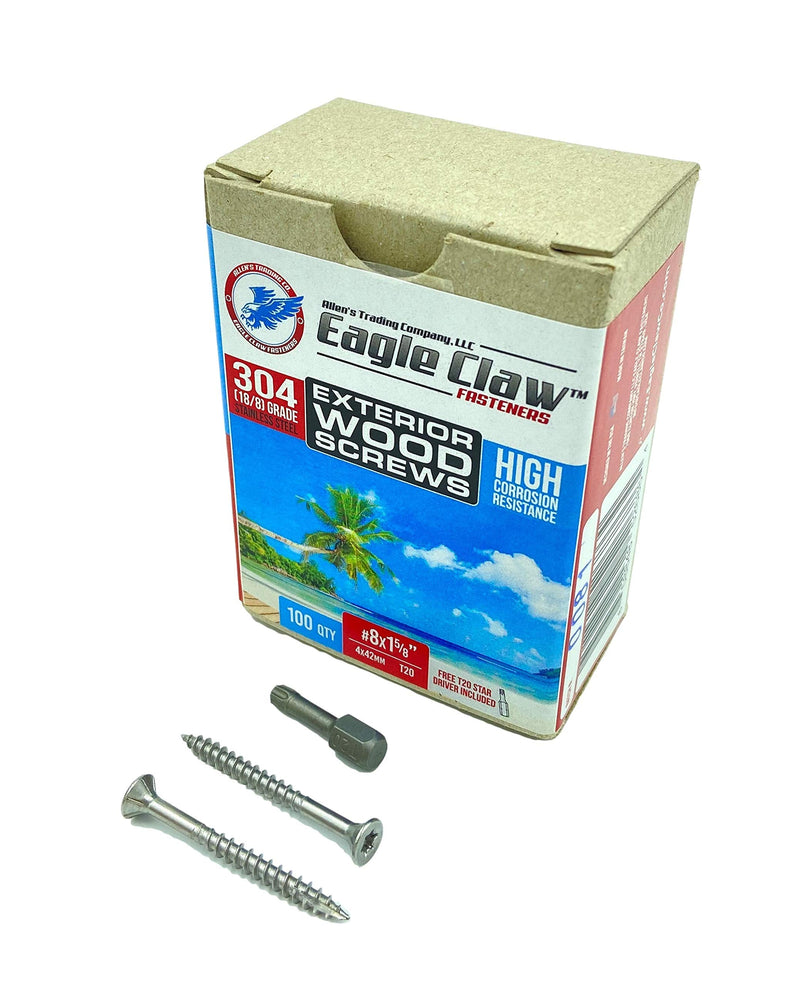 [Australia - AusPower] - #8 X 1 5/8 Inch Stainless Steel Wood Screws Flat Head T20 Star Drive 304 Grade (100 pieces) for Outdoor Construction by Eagle Claw Fasteners (Driver Bit included) 100 #8 x 1 5/8" 