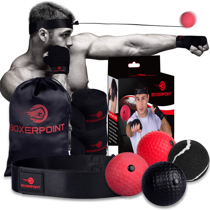 [Australia - AusPower] - BOXERPOINT Boxing Reflex Ball for Adults and Kids - React Reflex Balls on String with Headband, Carry Bag and Hand Wraps - Improve Hand Eye Coordination, Punching Speed, Fight Reaction 4 Difficulty Level Balls 