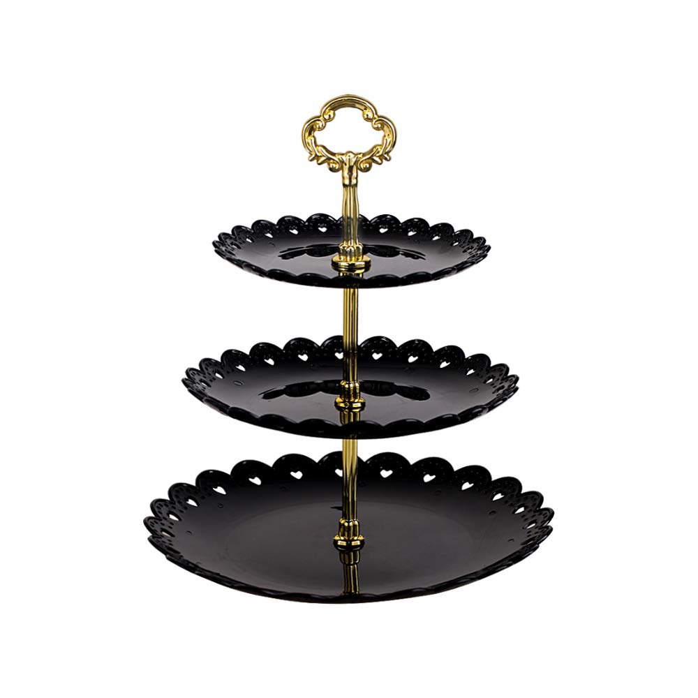 [Australia - AusPower] - Black Round Plate 3 Tiered Serving Stand Tray Cake Stands Cupcake Holder Dessert Stand Table Decorations for Party Kids Birthday Tea Party Baby Shower Black Large 