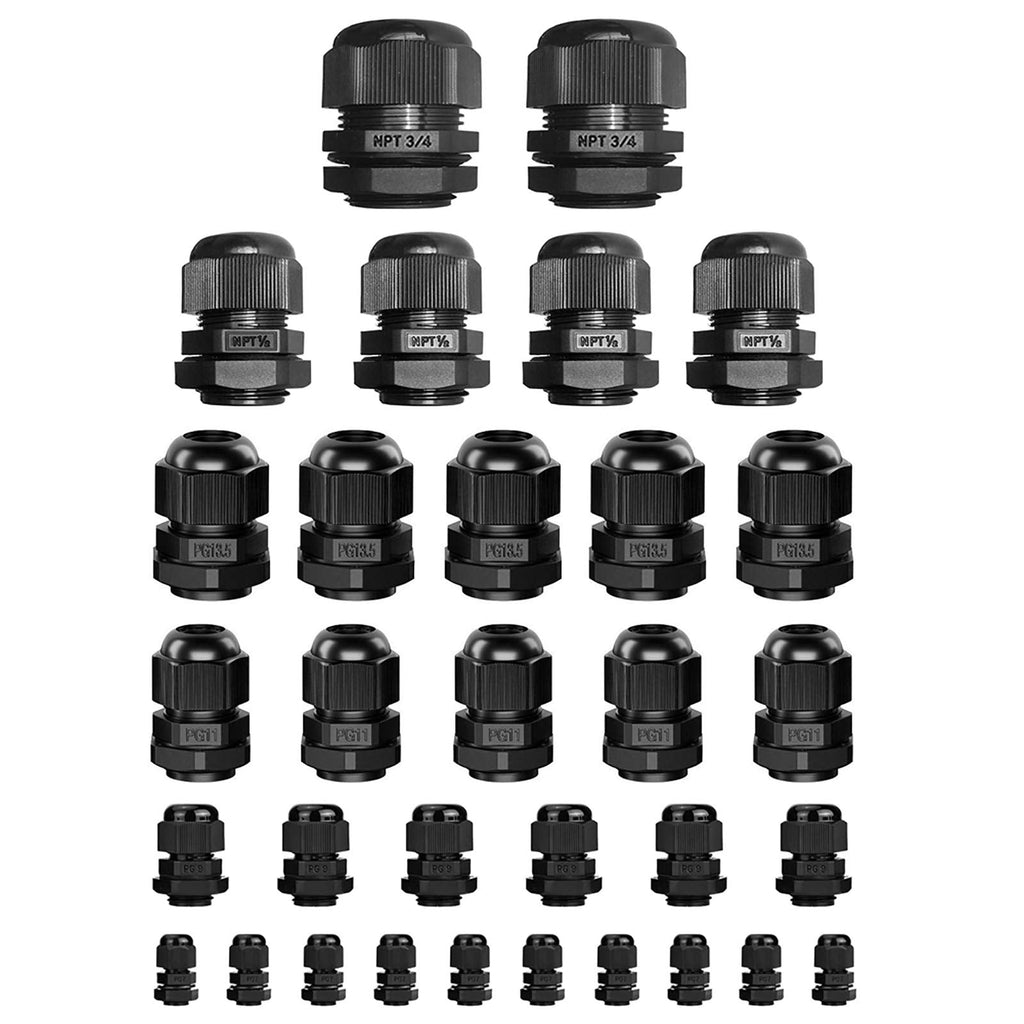 [Australia - AusPower] - ISPINNER 32pcs Nylon Cable Gland Waterproof IP68 Adjustable 3-18mm, NPT 3/4, NPT 1/2, PG13.5, PG11, PG9, PG7 (Black) Black 