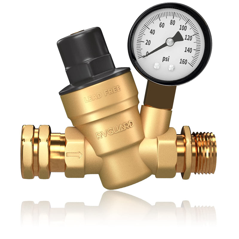 [Australia - AusPower] - RVGUARD RV Water Pressure Regulator Valve, Brass Lead-Free Adjustable Water Pressure Reducer with Gauge and Inlet Screen Filter for RV Camper Travel Trailer 