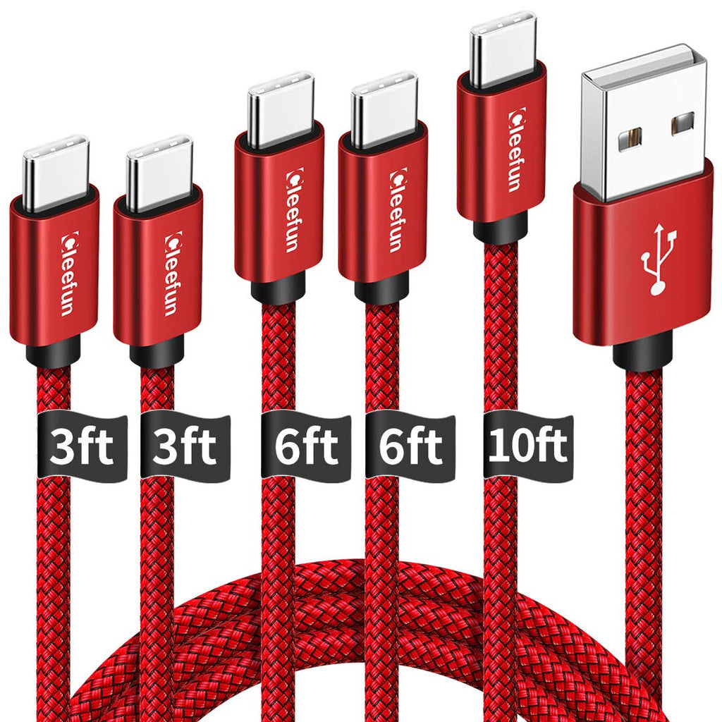 [Australia - AusPower] - CLEEFUN USB Type C Cable Fast Charging, [5-Pack, 3/3/6/6/10 ft] USB-A to USB-C Charger Cord Compatible with Samsung Galaxy S10e S10 S9 S8 Plus, Note 10 9 8, A10e A20 A51, Moto G8 G7, Nylon Braided Red 3ft 3ft 6ft 6ft 10ft 