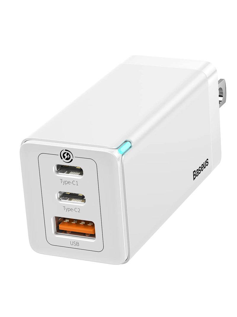 [Australia - AusPower] - USB C Charger, Baseus 65W 3 Port Foldable USB C Wall Charger, Fast PD GaN Charger for iPhone 13/13 Mini/13 Pro/13 Pro Max/SE/11/XR/XS, Samsung S22+/S22, MacBook Pro/Air, iPad, Laptops, Pixel 6, White 