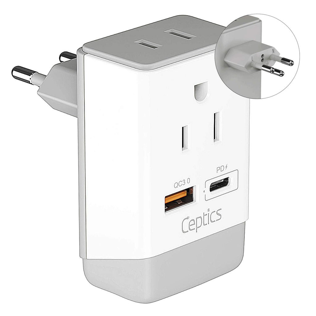 [Australia - AusPower] - Switzerland Plug Adapter, Travel with QC 3.0 & PD by Ceptics, Safe Dual USB & USB-C - 2 USA Socket Compact & Powerful - Quick Charge 3.0 & Power Delivery - Type J AP-11A - Fast Charging 