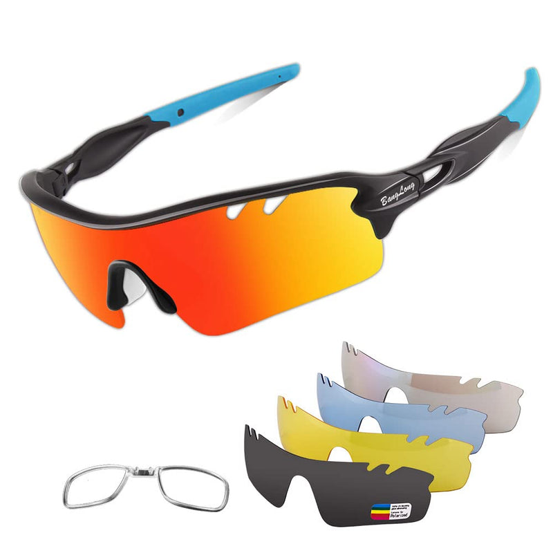 [Australia - AusPower] - Polarized Sports Sunglasses Cycling Sun Glasses for Men Women with 5 Interchangeable Lenes for Running Baseball Golf Driving Black Blue 