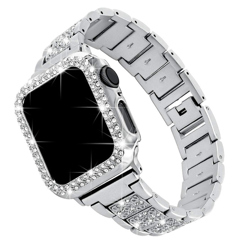 [Australia - AusPower] - Falandi For Bling Apple Watch Band with Case 38mm iWatch Series 6/SE/5/4,Dressy Diamond Rhinestone Jewelry Metal Smart Watch Replacement Bands Accessories Bracelet Adjustable Wristband,Silver 38mm Silver 