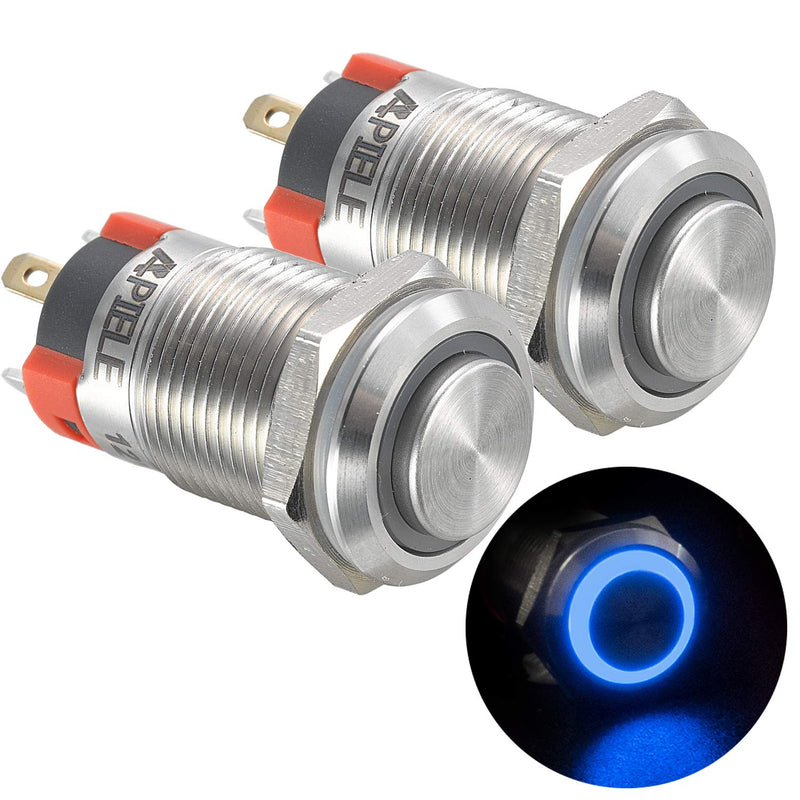 [Australia - AusPower] - APIELE (Pcs of 2) 12mm Latching Push Button Switch High Round Head Stainless Steel 1 Normally Open with Ring Led (Blue) Blue 